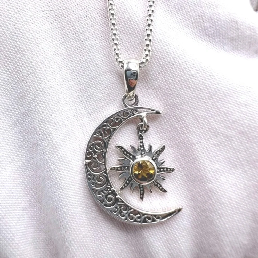 Genuine Citrine .925 Sterling Silver Moon Necklace - Picture 6 of 17